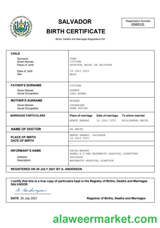 Salvador birth certificate Word and PDF template